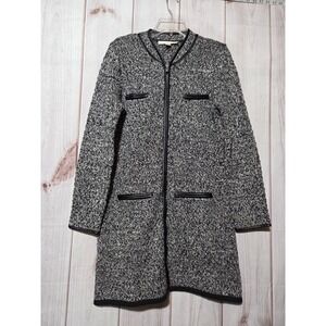 Boston Proper Womens Black White Zip Front Wool Cardigan Faux Leather Trim M